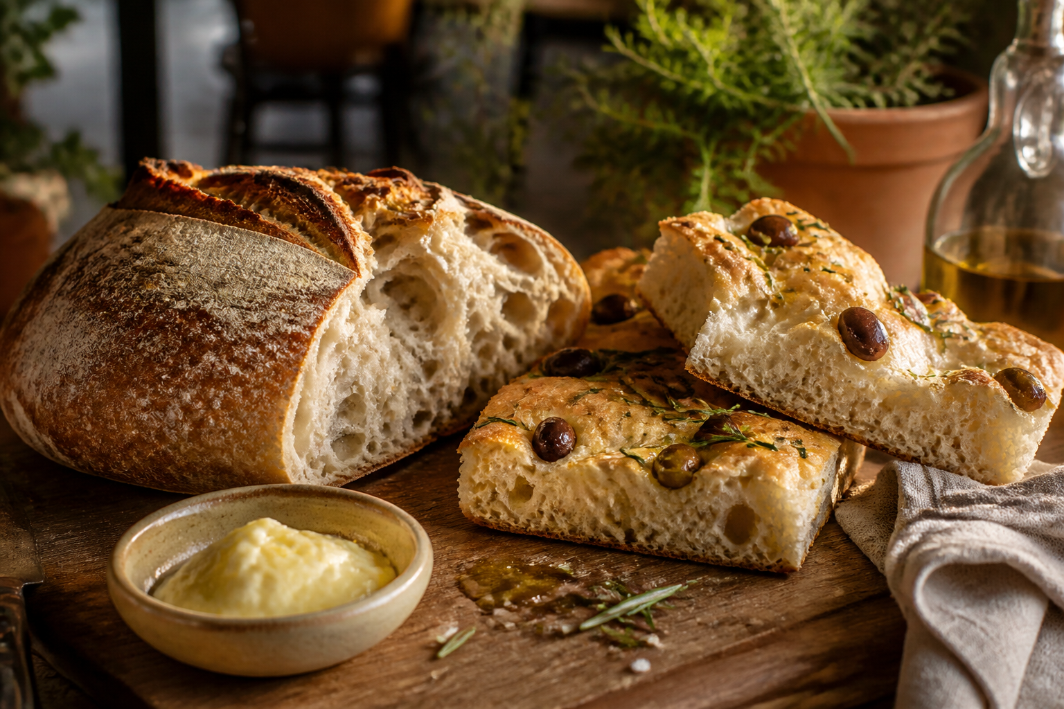 Torn sourdough loaf and focaccia on a wooden board with cultured butter