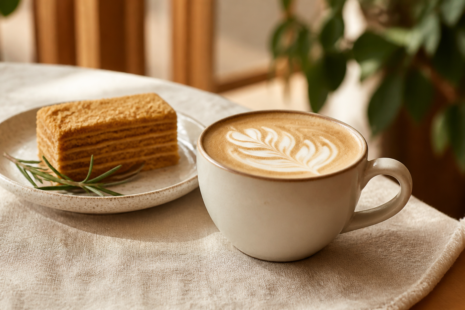 Flat white coffee beside a slice of honey cake