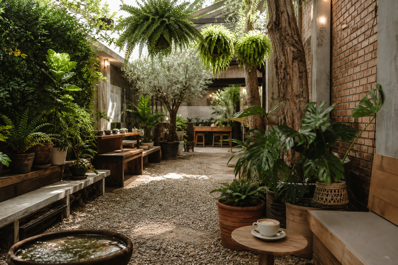 Leafy cafe courtyard with timber benches and potted plants