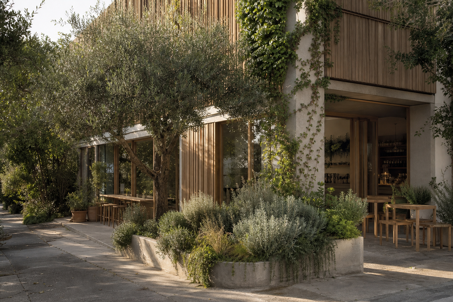 Modern cafe building with climbing plants and a timber entrance