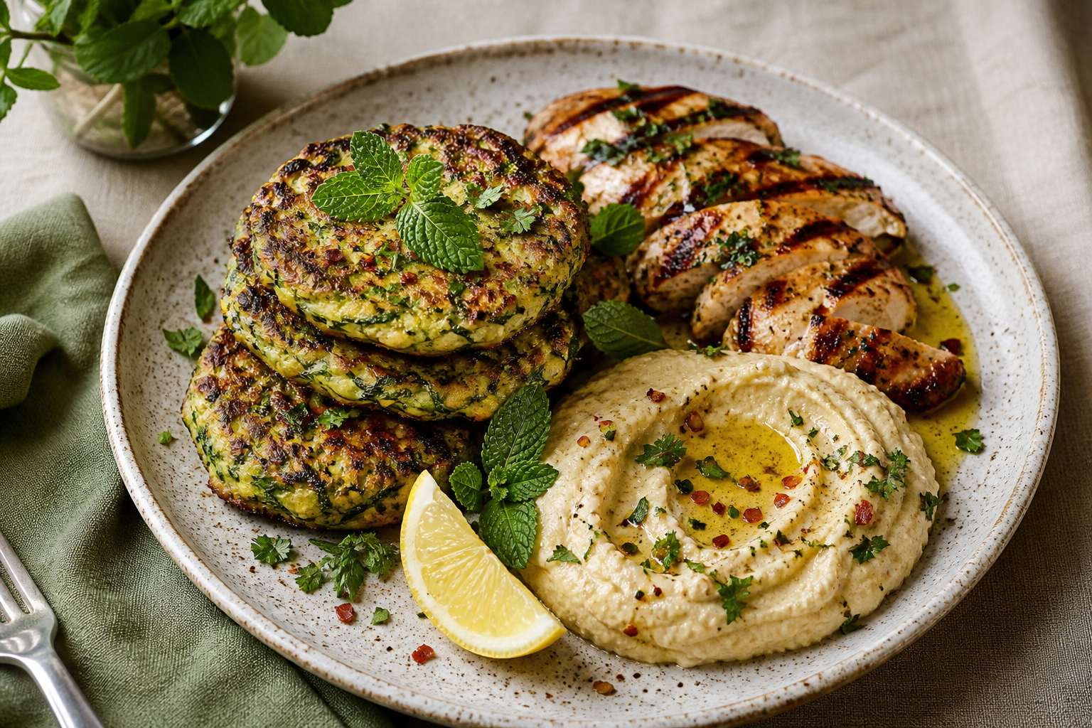 Green herb fritters with grilled chicken, hummus, lemon, and olive oil