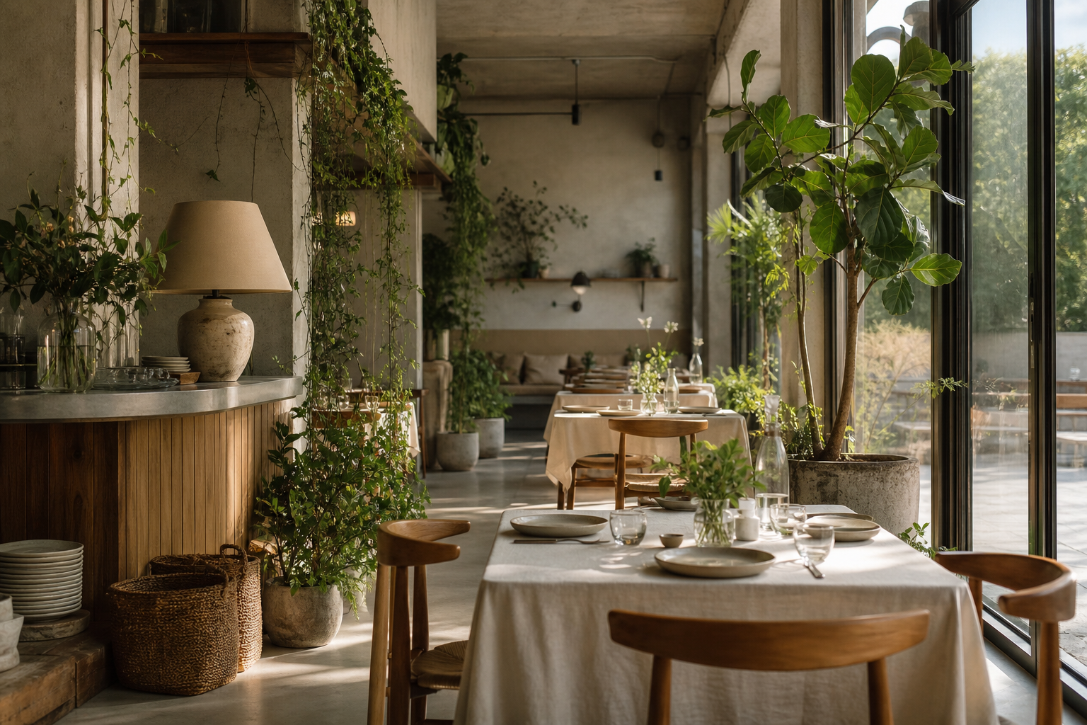 Sunlit cafe interior with timber tables, hanging plants, and floor-to-ceiling greenery