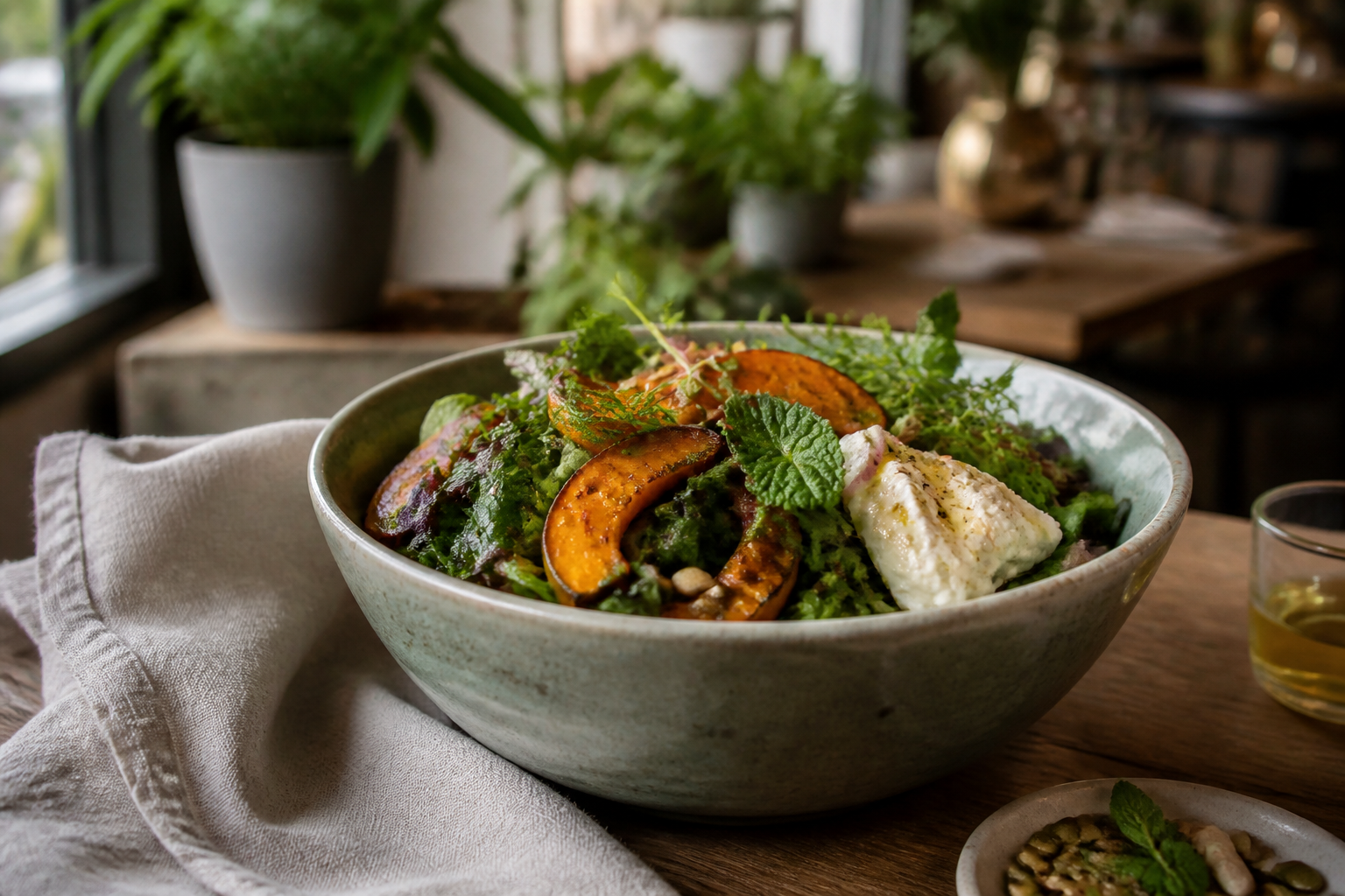 Garden salad with roasted pumpkin, labneh, and herbs